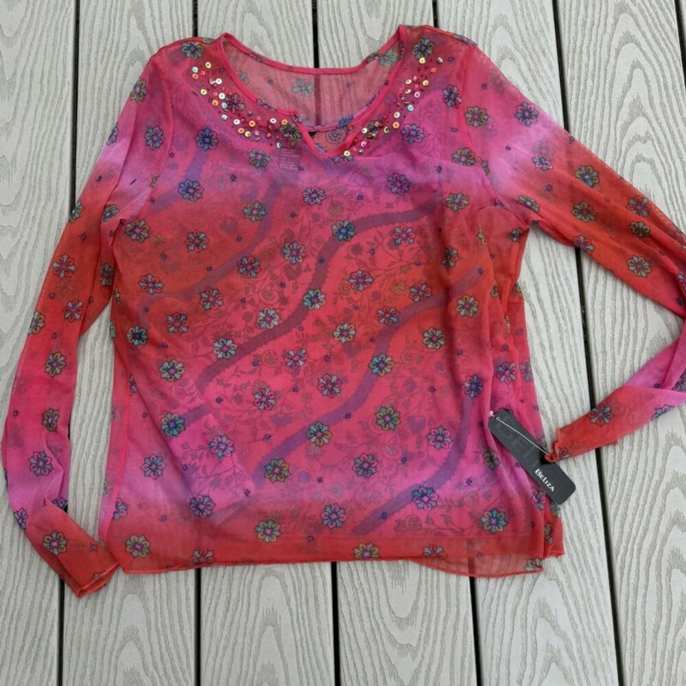 Beliza Women's Sheer Pink Top Blouse  Long Sleeve  Large